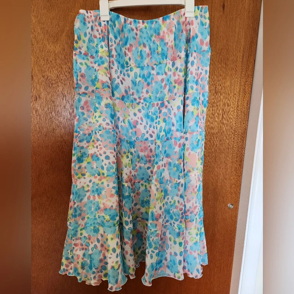 Ruby Rd Pink Blue Watercolor Flowy Ruffle Maxi Skirt Size 20W